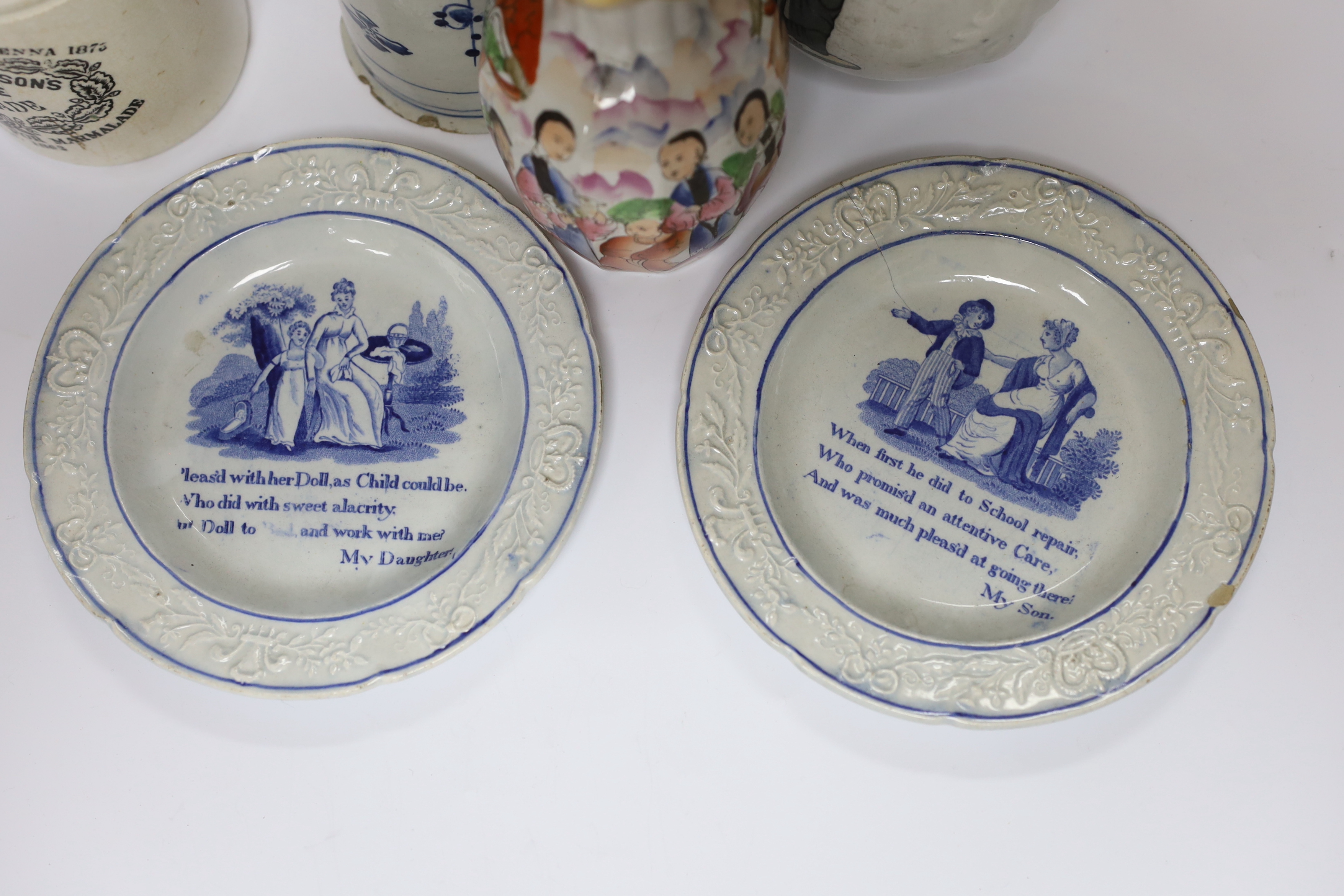 A mixed collection of porcelain to include a pair of transfer printed blue and white verse plates, Masons, Delft etc